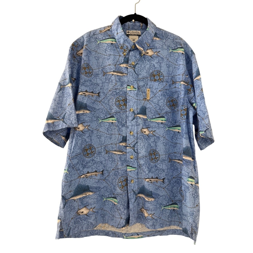 Vintage Columbia Mens Short Sleeve Button Up Shirt Blue Fish Map Print Size LG